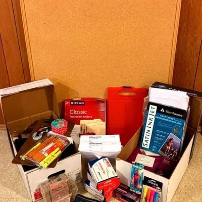Office Supplies With Large Cork Board, Paper Cutter, Binders, Clips, Etc