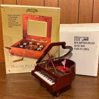 Pair (2) Music Boxes With Dancing Ballerina & Burled Wood Deluxe Christmas Bell Symphonium 