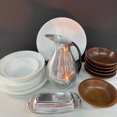 Mid Century Puralum Italian Pitcher With Corelle Dinnerware And Walnut Bowls