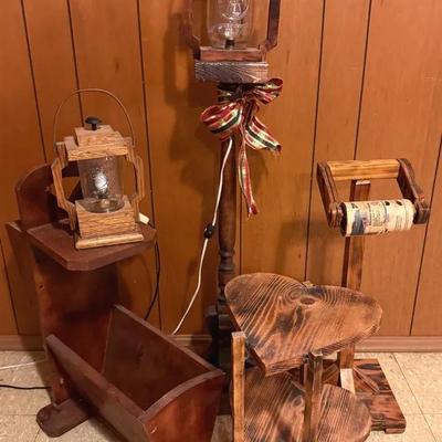 Primitive Wooden Decor Pieces (5) With Electric Mason Jar Lanterns