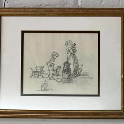 Tasha Tudor Illustration Sketch Of Butter Churning, 1994