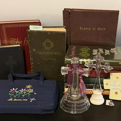 Religious Lot With Bibles, Hymnals, Decorative Crosses & More