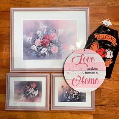 3 Framed Floral Prints With Decor Signs 