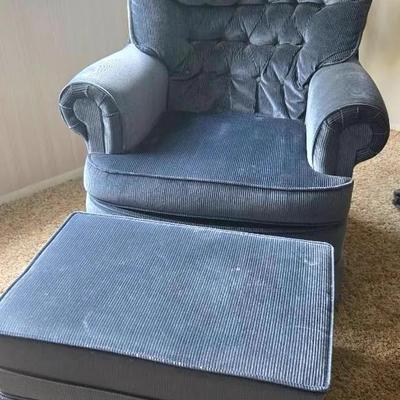 Swivel Rocker With Tufted Button Back - Blue Corduroy Chair & Footstool 