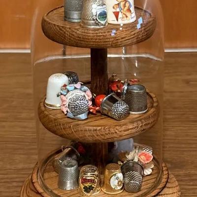 Small Glass Decorative Display Cloche W/ Souvenir & Other Vintage Thimbles