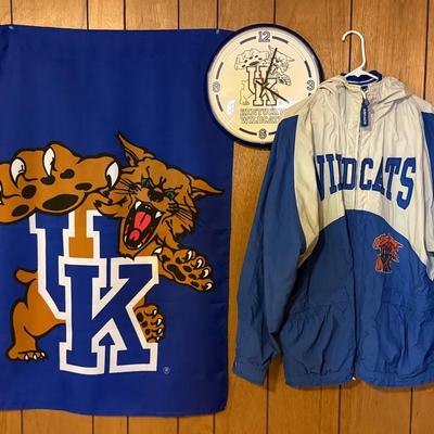 Vintage Kentucky (UK) Wildcats Items With Mirage Nylon Jacket, Wall Clock, Banner Flag