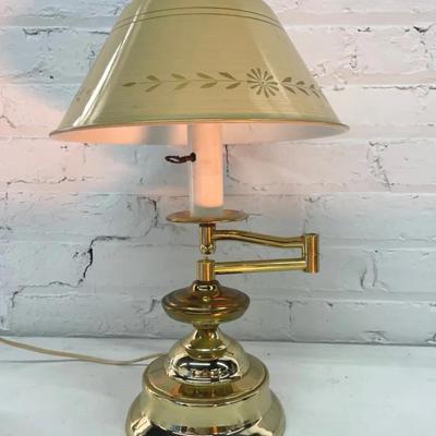 Vintage Swing Arm Brass Lamp With Toleware Metal Shade