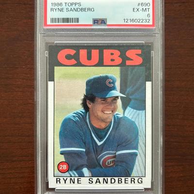 1986 Topps Baseball Card. Ryne Sandberg PSA 6 - Chicago Cubs. Card #690