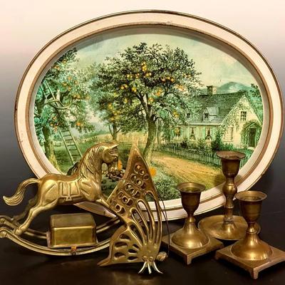 Vintage Brass Home Decor With MCM Butterfly, Rocking Horse Music Box, Etc