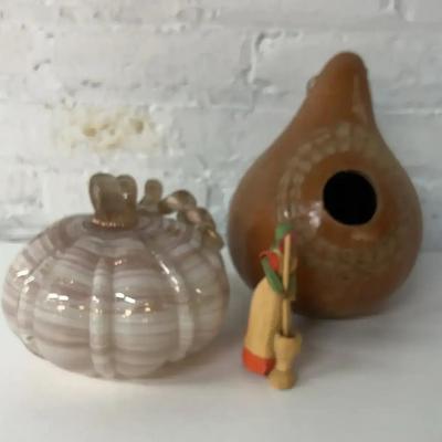 Autumnal Hand Crafted Gourd And Corn Husk Doll With Art Glass Pumpkin 