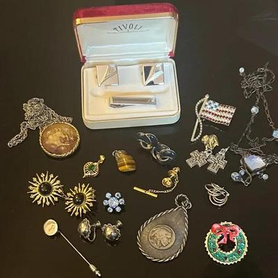 Eclectic Jewelry Group with 14K Back, Tiger’s Eye, Coin, Earrings