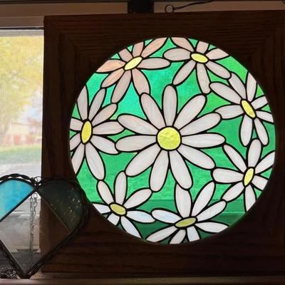 Stained Glass Art Pieces (2) With Wood Framed Daisy Panel & Hanging Heart