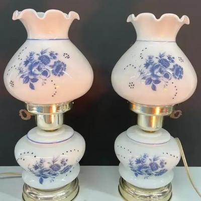 Vintage Electric Hurricane Lamps, Blue Onion Pattern 
