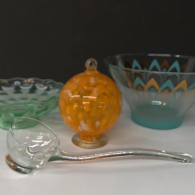 “Atomic” Chip Bowl, “Witch Ball”, Green Uranium Depression Glass Bowl And Glass Punch Ladle