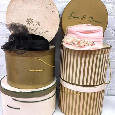 Vintage Hat Boxes (6) And Two Hats 