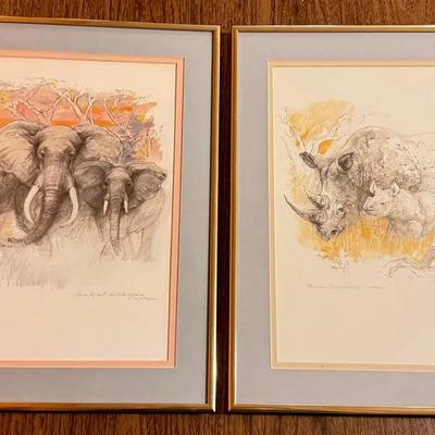 Pair (2) Framed Watercolor Prints By Danish Artist Mads Stage, Elephants & Rhinos