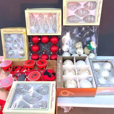 Bin Of Christmas Ornaments With Scottie Dog Ornaments And Tins 