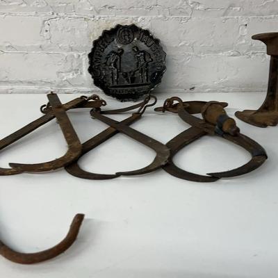 Antique Iron Ice Tongs, Shoe Form, Iron Hook And Advertising Piece From Campbell Hausfeld (Ohio) 