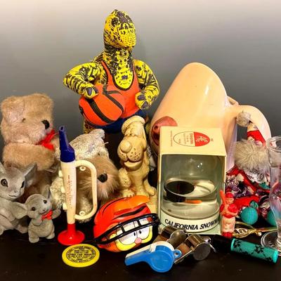 Naughty & Nice Vintage Novelties With 1940s Celluloid Baseball Player, Whistles, Shot Glass ++