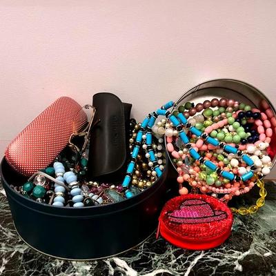 Two Tins Full of Vintage Costume Jewelry with Red Hat Society 