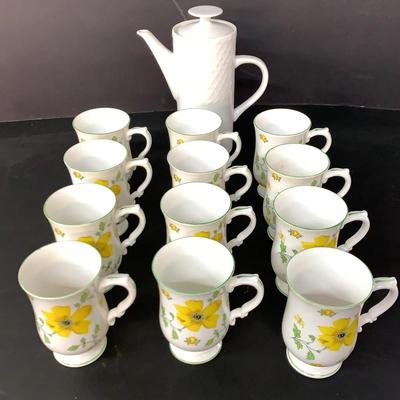 Royal Victoria Yellow Floral Coffee Cups With Apropos “Rattan” White Coffee Pot
