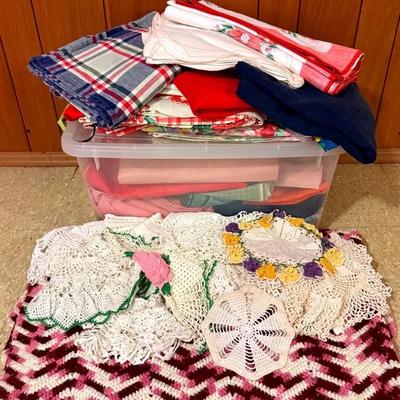 Linens With Tablecloths (Plastic & Fabric), Handmade Afghan, Lace, Doilies, Etc