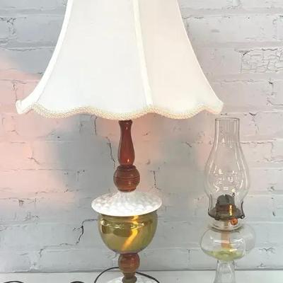 Mid Century Milk Glass And Brass Table Lamp With Antique Oil Lamp 