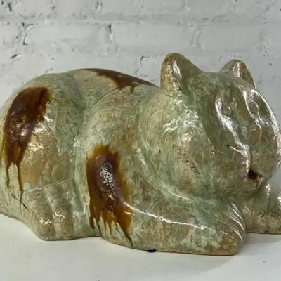 A Quite Large Glazed Pottery Cat Sculpture