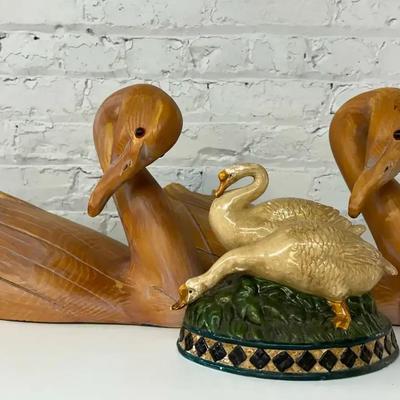 Large Faux Pine Swan Figures with Small Ceramic Figural Group of Geese