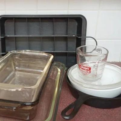 Fire King, Pyrex, Corning Ware,Love N Ware and  Crispy Edged Brownie Pan, 8 Inch Cast Iron Skillet