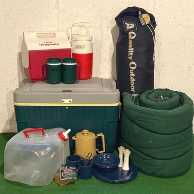 Vintage Camping Lot With Coolers, Stanley Cups, Tent, Coleman Sleeping Bag, Etc