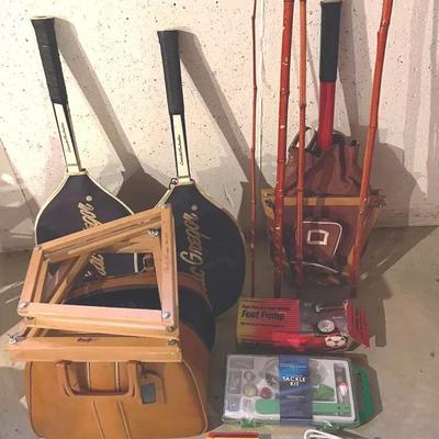 Vintage Tennis Racquets With Bowling Bowl, Air Pump And Fishing Gear 