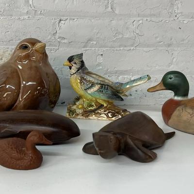 Animal Figurines With A Vintage Blue Jay Planter, Carved Wood Turtle And Fish