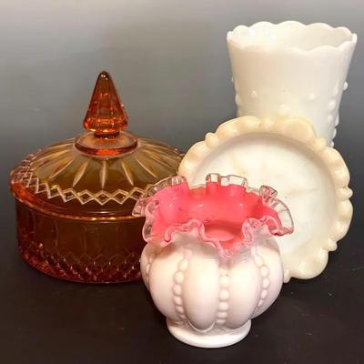 Vintage Glassware With Fenton Melon Dot, Amber Indiana Glass & More