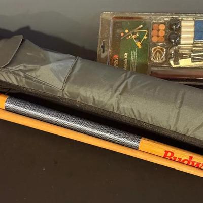 Pool Cues (3) With Budweiser 20oz And Pair Of Excalibur Fiberglass Wood Core 9-Ball With Case