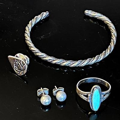 Sterling Silver Ring and Memorial Tear Pin with Vintage Bangle and Stud Earrings