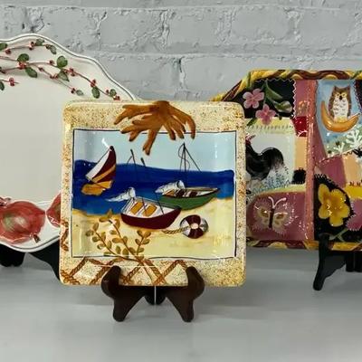 Three Hand Painted Ceramic Trays Including Fitz & Floyd 