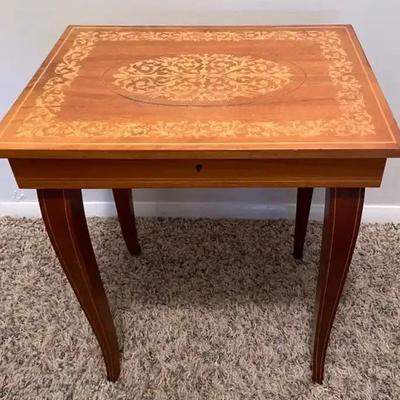 Vintage Music Box Wood Table With Inlaid Marquetry And Cabriole Legs