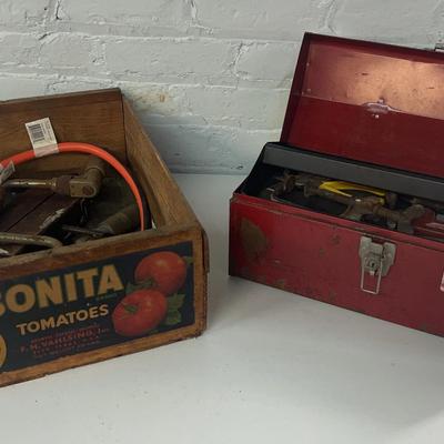 Vintage Wooden Crate And Lot Of Hand Tools