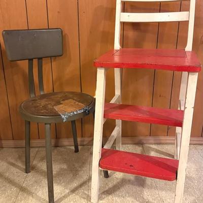 Pair (2) Vintage Chairs With Royal Industrial & Red/White Step Stool Chair