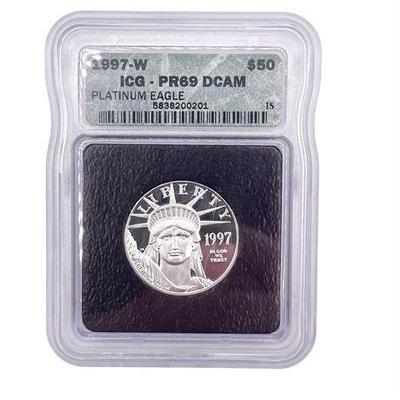 Sale Photo Thumbnail #16: Lot 047   
1997-W ICG Graded Platinum Eagle Fifty (50) Dollar Half Ounce Coin