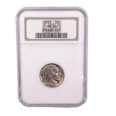 Sale Photo Thumbnail #15: Lot 046  
1937 5c NGC Graded MS 66 Bufflao Nickel