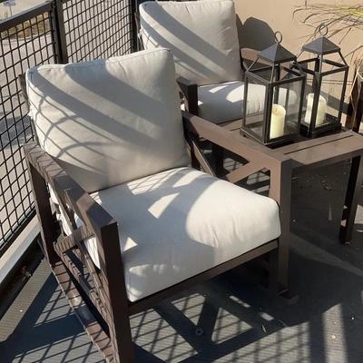 Patio Furniture - 2 Rockers, Table, 2 Hurricane Lamps