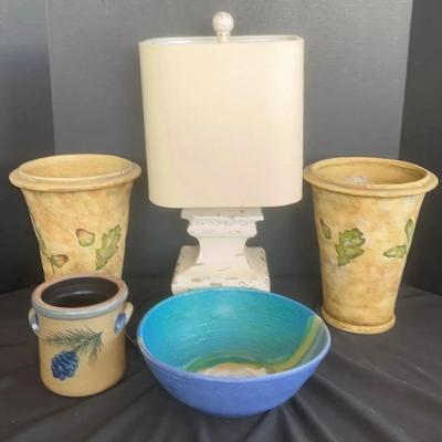 Pottery Vases, Signed Bowl, Small Vase W/ Metal Flowers & Lamp