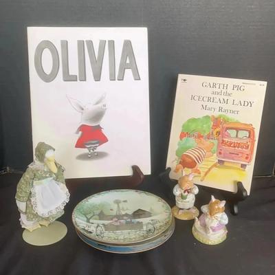 Children’s Books, 2 Royal Doulton Figurines, 4 P Buckley Moss Plates & Goose, Baby booties & mittens