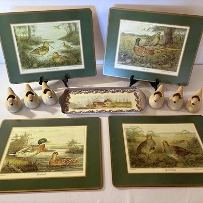 Pimpernel Hard Board Placemats And Tray, Plus 6 Takahashi Pottery Bird Planters