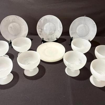 Eight Piece Setting Of Frosted Glass Plates And Goblets