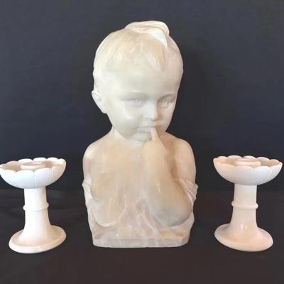 Alabaster Bust Of A Child Plus Two Candle Holders