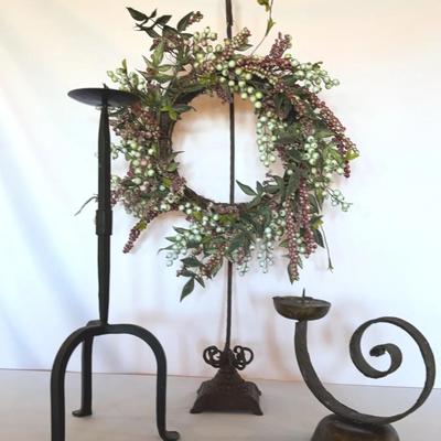 Decorative Iron Candle Holders, Stand And Wreath 