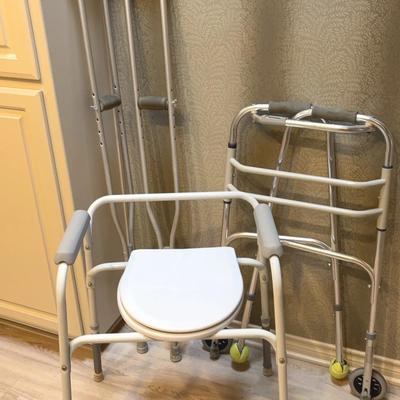 Walker, Crutches And Portable Commode Chair